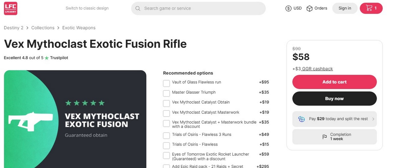 buying a Vex Mythoclast Exotic Fusion Rifle